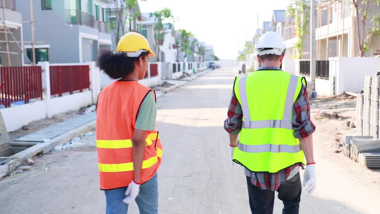 职业女性和男性工作者。非裔美国混血。建筑工人在工作场所工作和行走视频素材