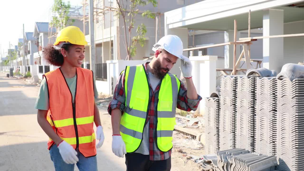 职业女性和男性工作者。非裔美国混血。建筑工人在工作场所工作和行走视频素材