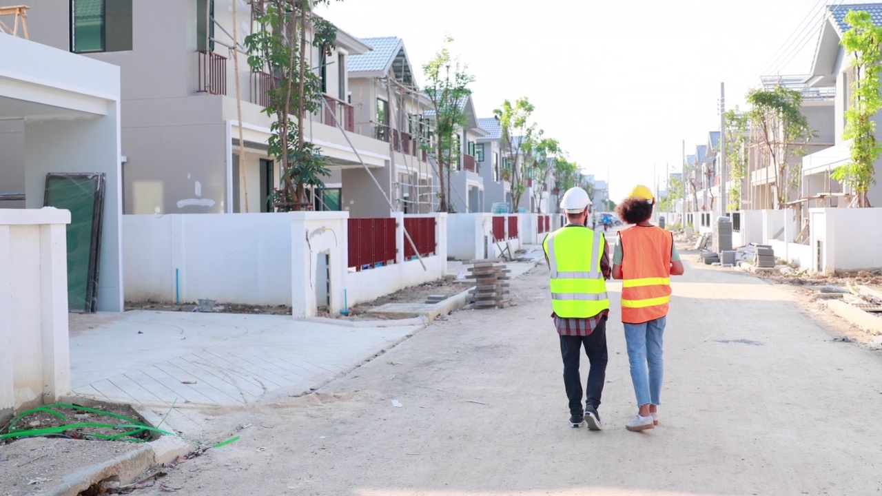 职业女性和男性工作者。非裔美国混血。建筑工人在工作场所工作和行走视频素材