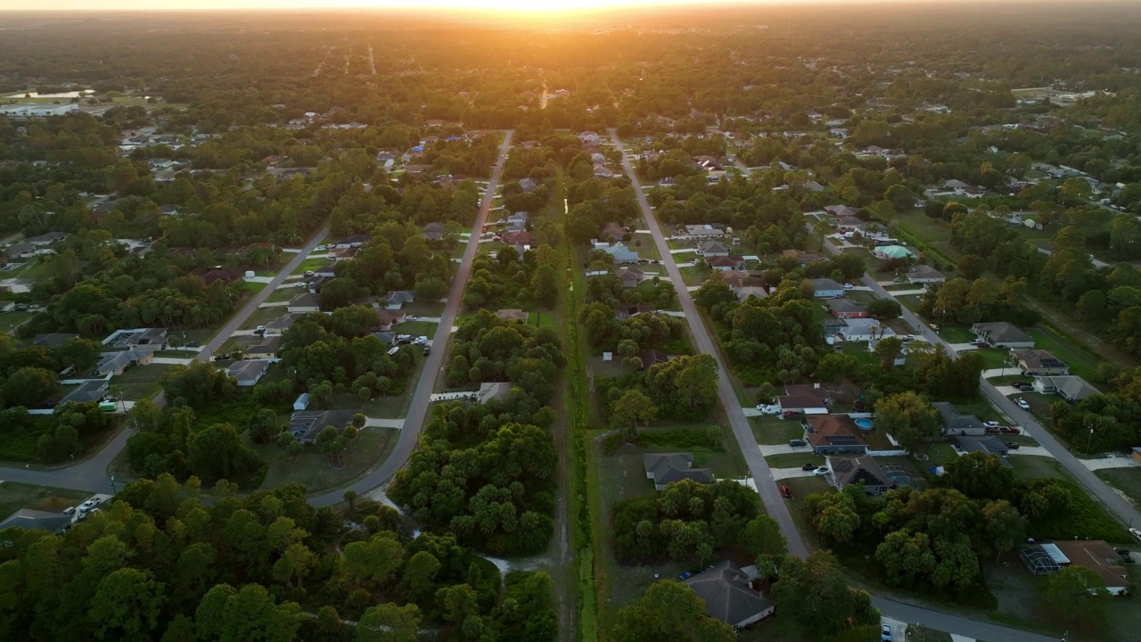 空中景观郊区私人住宅之间的绿色棕榈树在佛罗里达州宁静的农村地区在日落视频素材