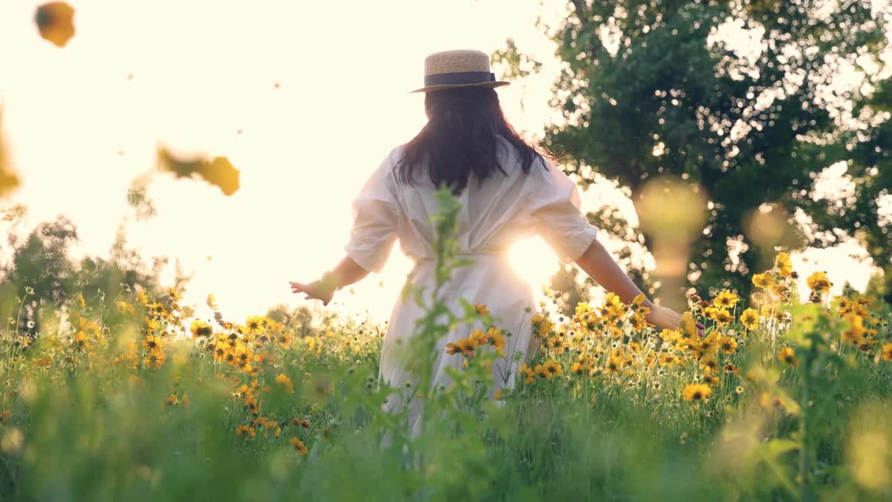 美丽的年轻女子在夕阳下的黄花草地上穿着白衣视频素材