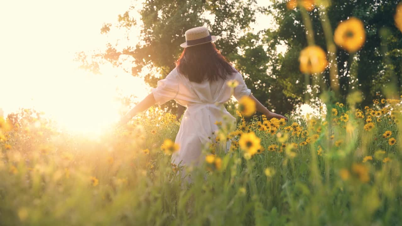 在夕阳和花丛中享受视频素材