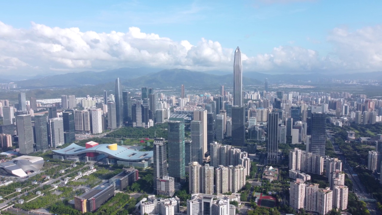 无人机俯瞰深圳福田CBD天际线。中国广东省深圳市视频素材