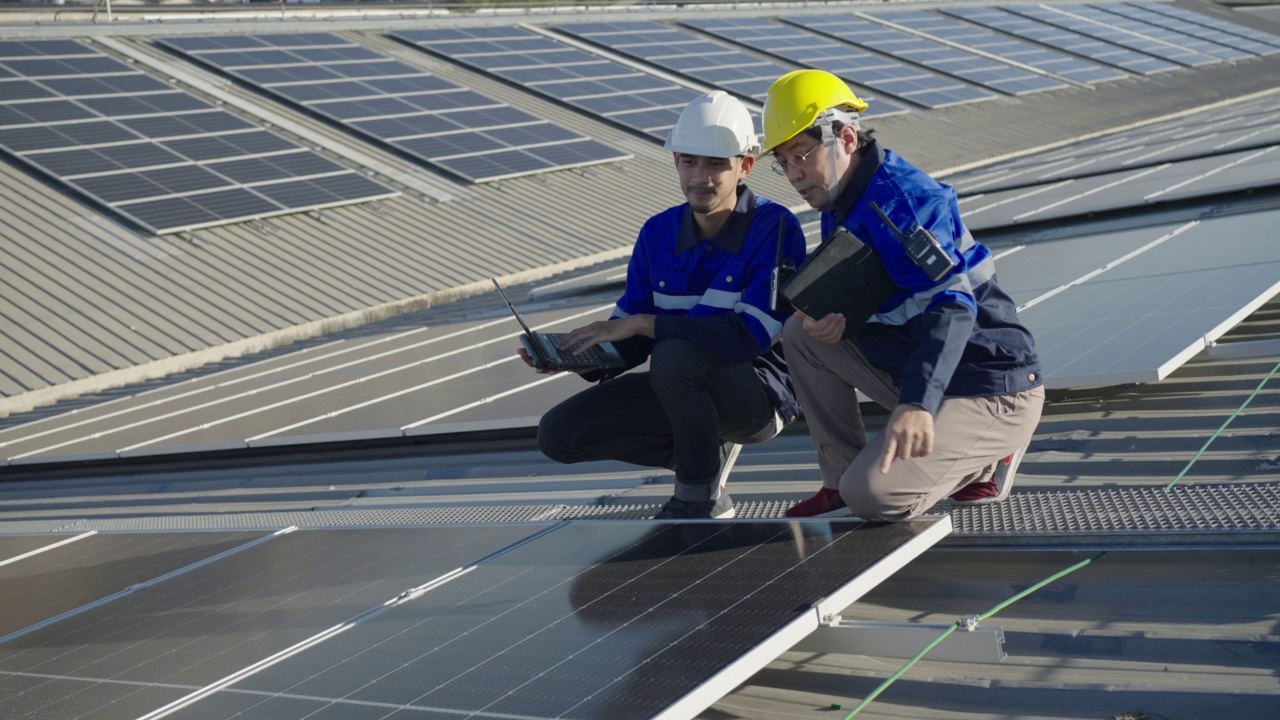 两名亚洲技术人员在屋顶工厂的光伏太阳能电池板的背景场上安装、检查或维修太阳能电池板。视频素材