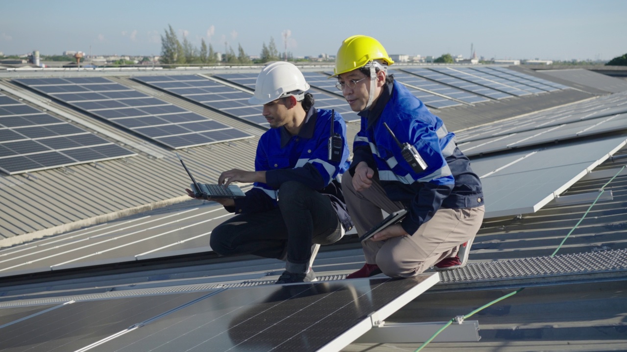 两名亚洲技术人员在屋顶工厂的光伏太阳能电池板的背景场上安装、检查或维修太阳能电池板。视频素材