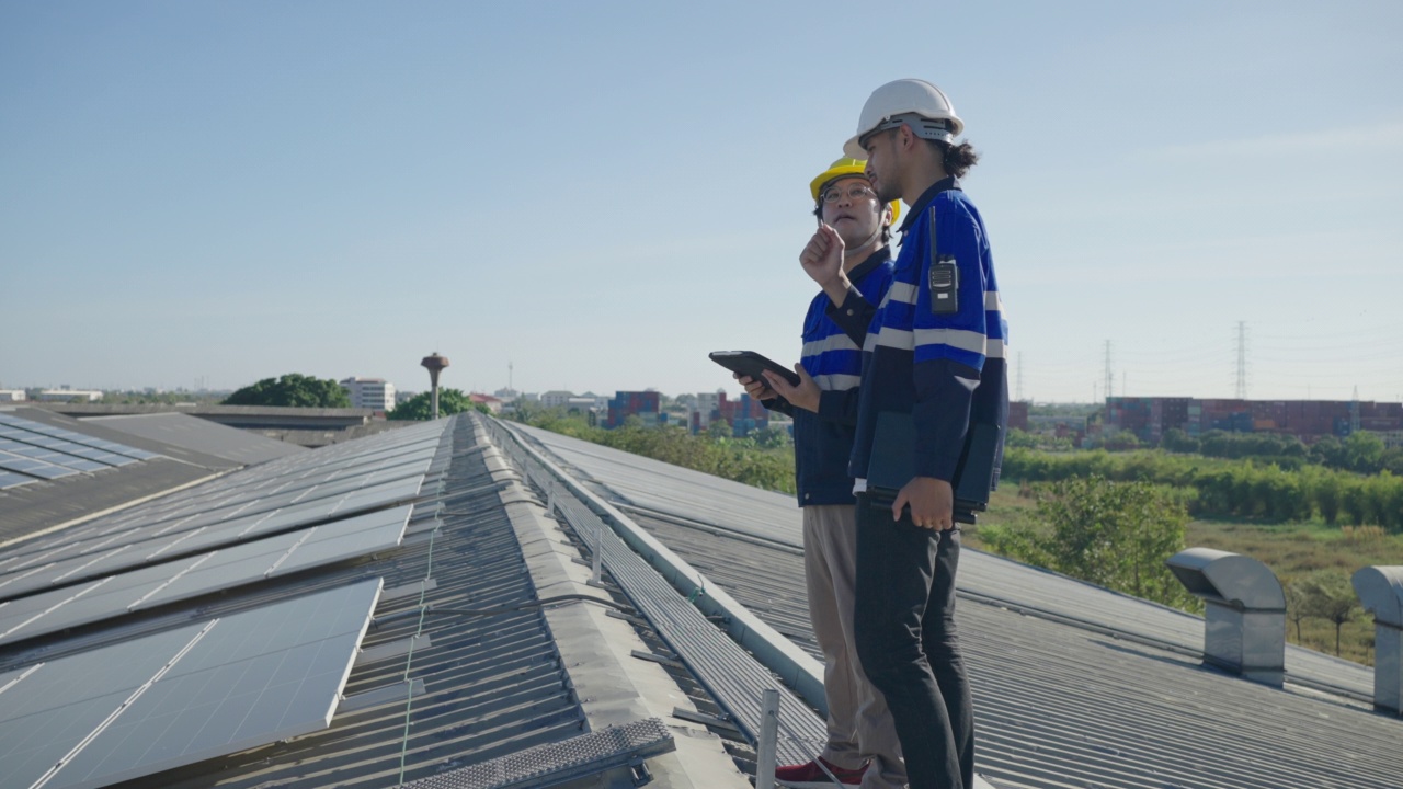 两名亚洲技术人员在屋顶工厂的光伏太阳能电池板的背景场上安装、检查或维修太阳能电池板。视频素材