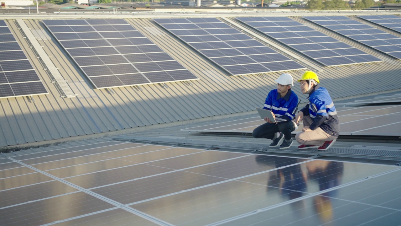 两名亚洲技术人员在屋顶工厂的光伏太阳能电池板的背景场上安装、检查或维修太阳能电池板。视频素材