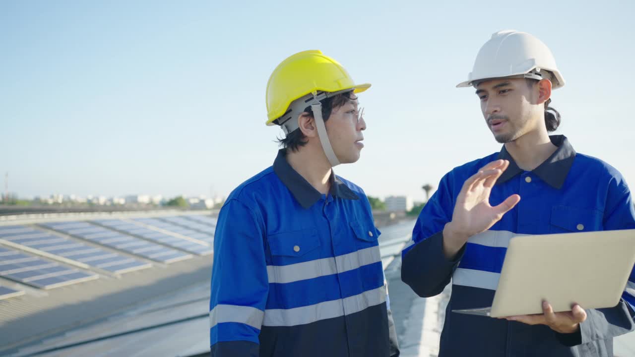 两名亚洲技术人员在屋顶工厂的光伏太阳能电池板的背景场上安装、检查或维修太阳能电池板。视频素材