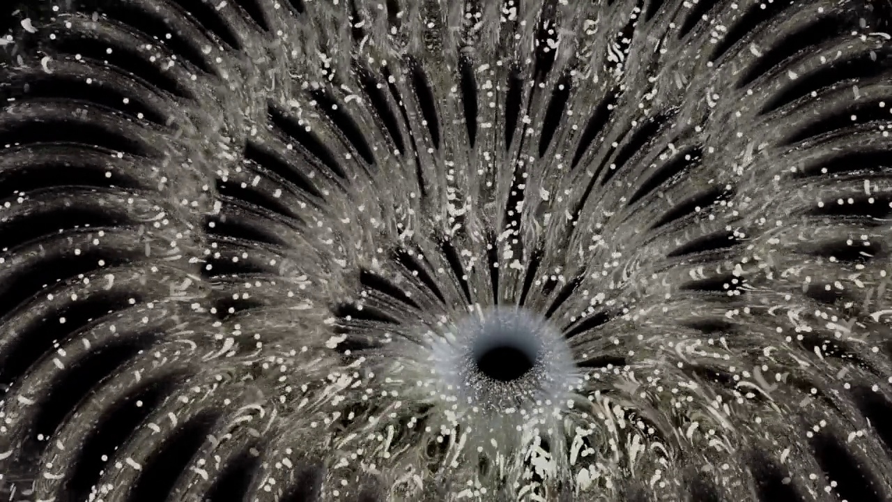 发光粒子的能量流呈螺旋状。设计:带有黑洞和高能粒子运动的三维螺旋。带有发光点的三维螺旋环视频素材