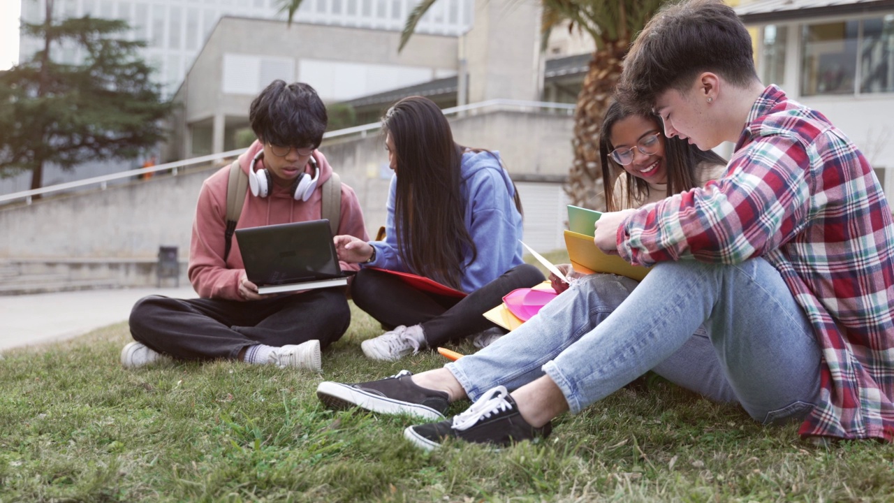 大学生坐在大学校园的草地上一起学习和工作视频素材