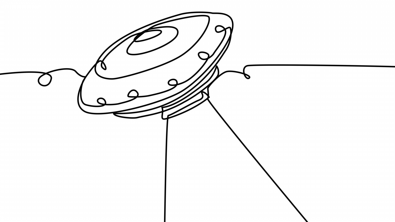 在白色屏幕上用一条线自动绘制UFO。视频素材