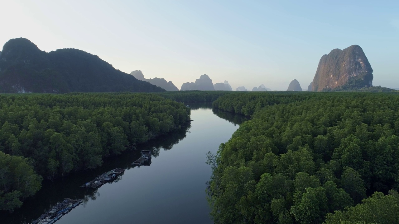 无人机飞越海洋和红树林景观高角度视角。动态航拍惊人的自然景观视频素材