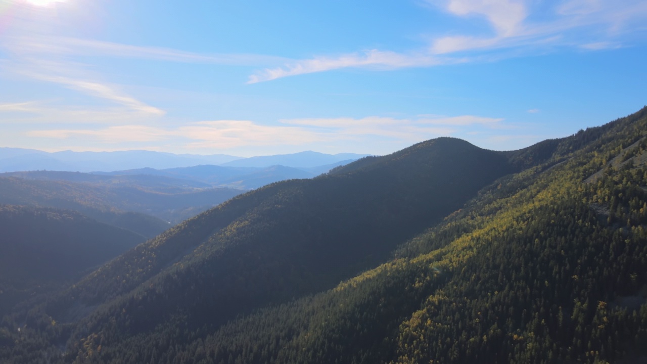 野生山脉中深色松树林的高山峰鸟瞰图视频素材