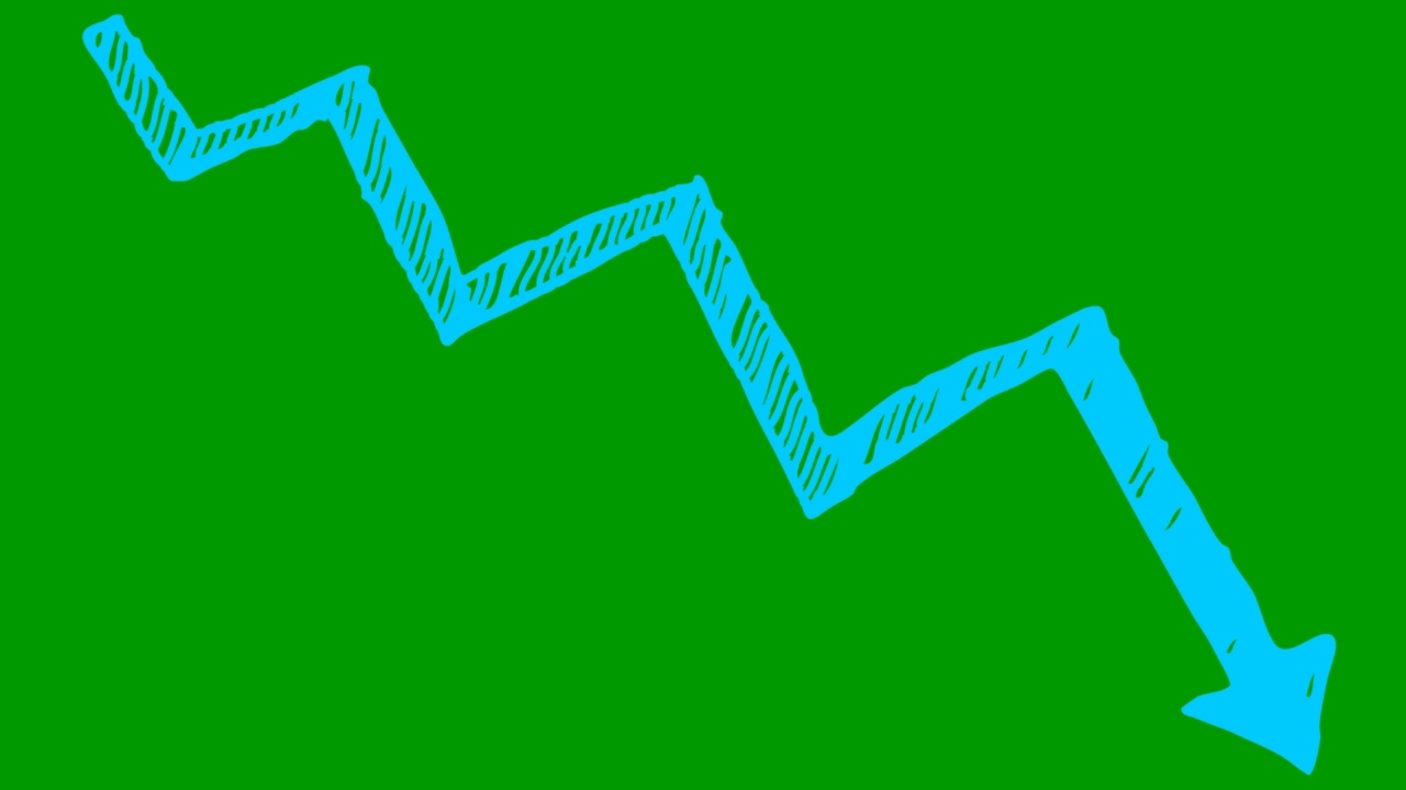 动画蓝色箭头。经济衰退图。经济危机、衰退、下降图。利润下降。手绘矢量插图孤立在绿色背景上。视频素材
