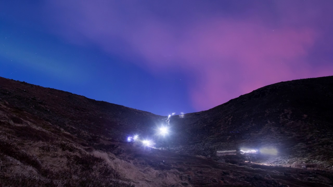 北极光和火山发光下降的徒步者头灯冰岛视频素材