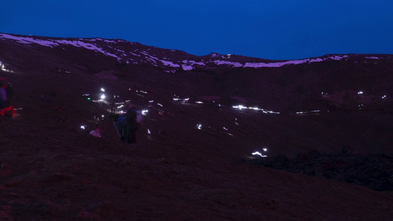 在冰岛日落时，大灯使徒步旅行者在火山口内时间流逝视频素材