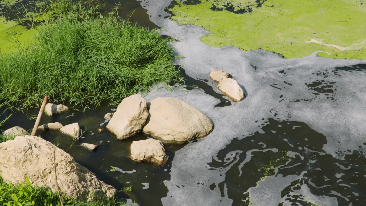 河流中化学废物引起的有毒危险水湍流视频素材