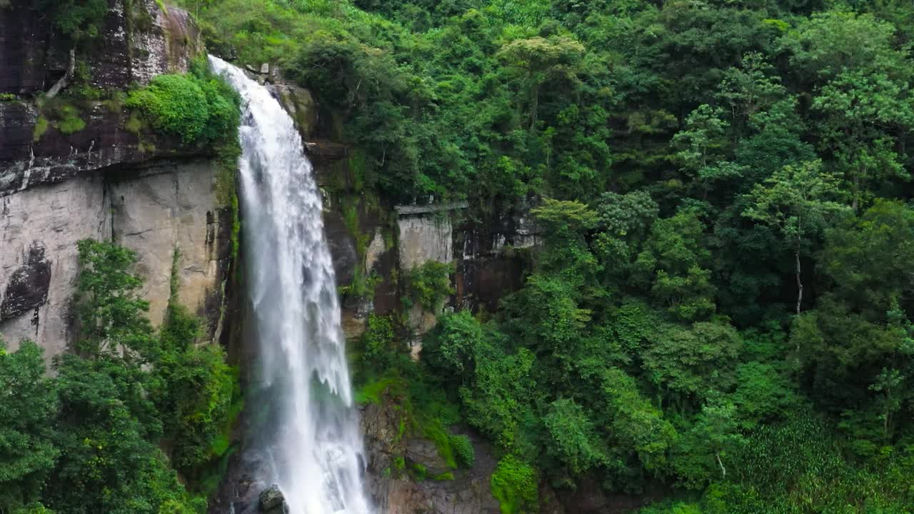 绿色森林中的瀑布鸟瞰图。视频素材