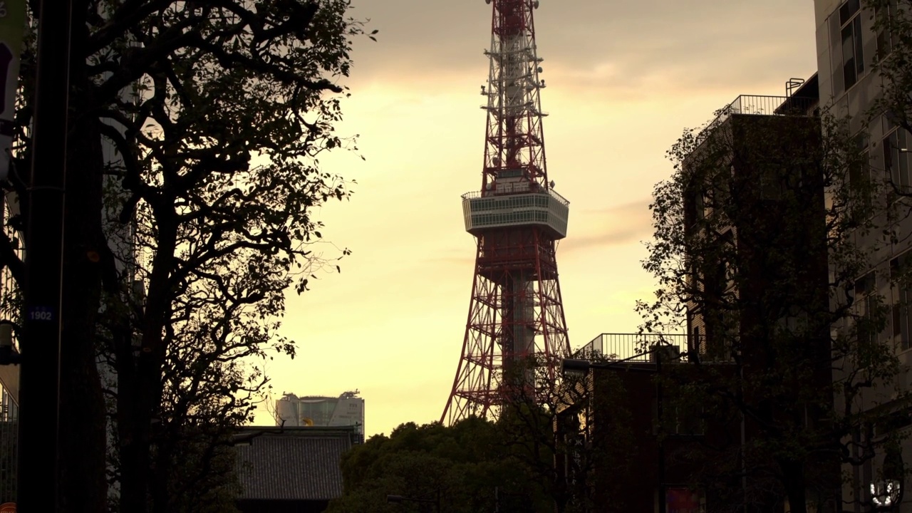 东京塔在天空暮日。日本的城市街道。日本视频素材