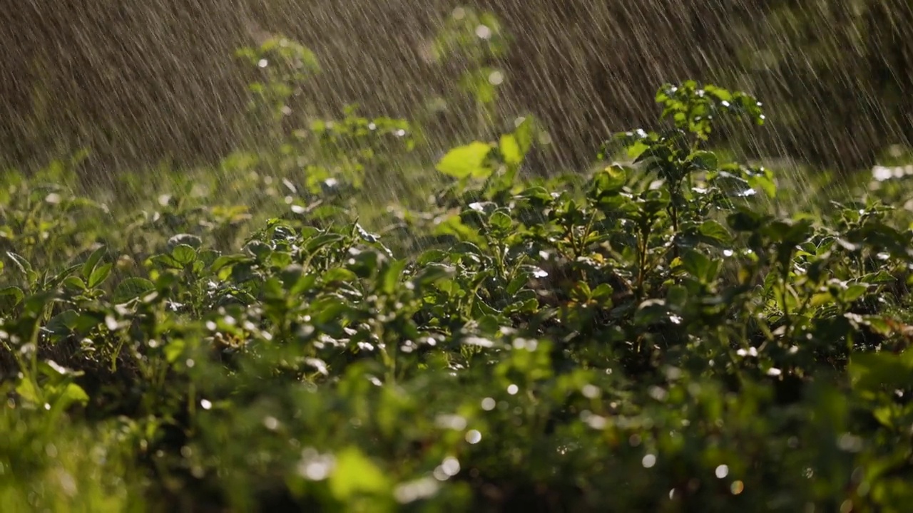 雨点洒在土豆上，夕阳西下，雨点落在雨后视频下载