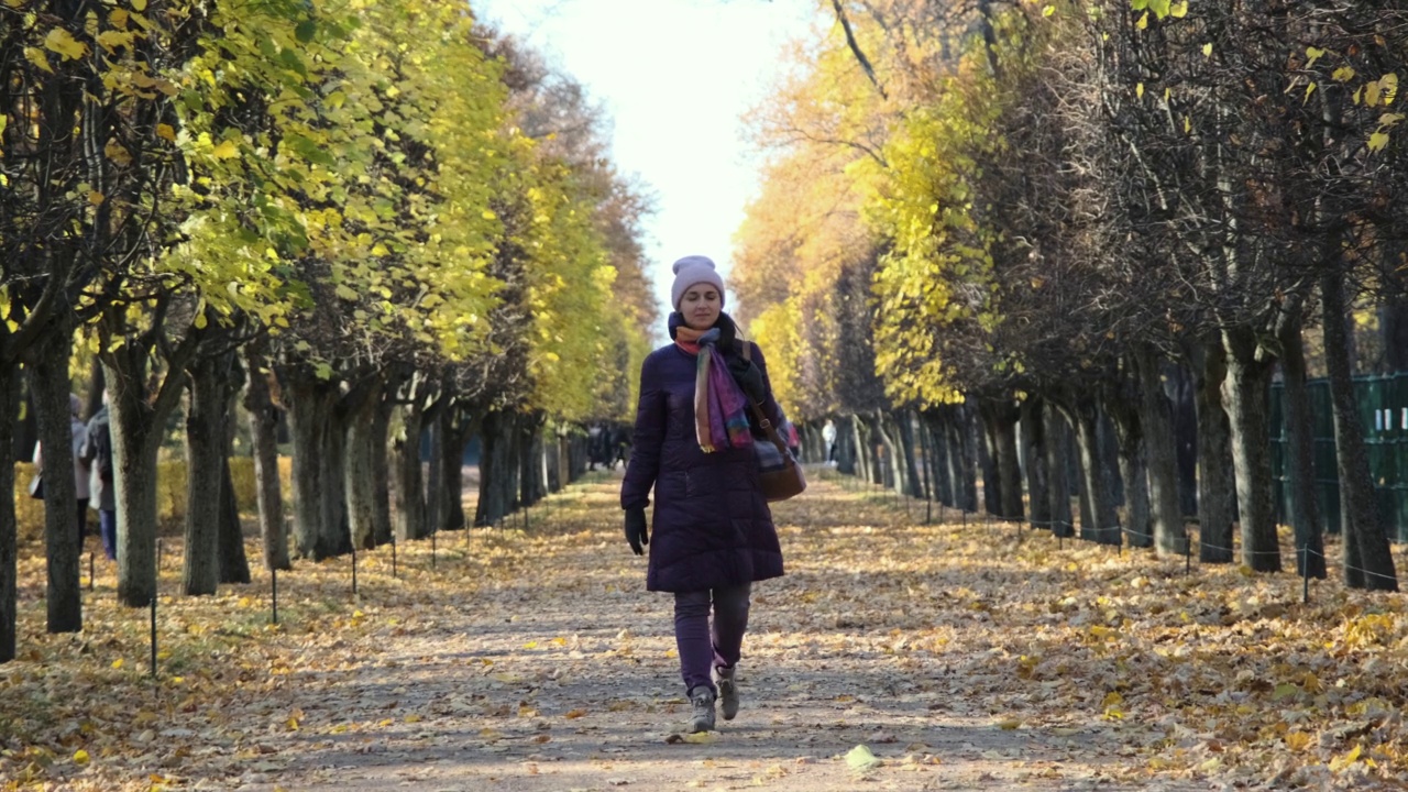 年轻时髦的女人走在美丽的秋天公园视频素材