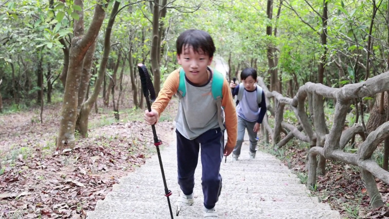 在山上徒步旅行的亚洲儿童视频素材