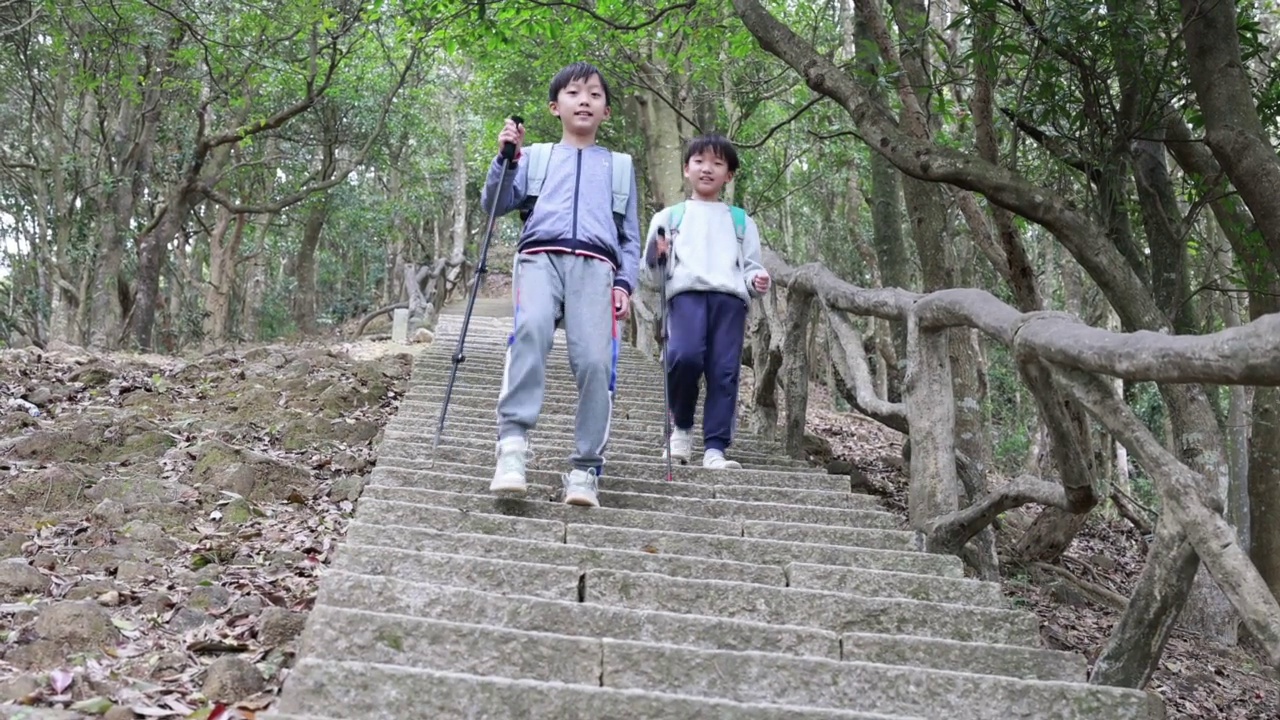 在山上徒步旅行的亚洲儿童视频素材