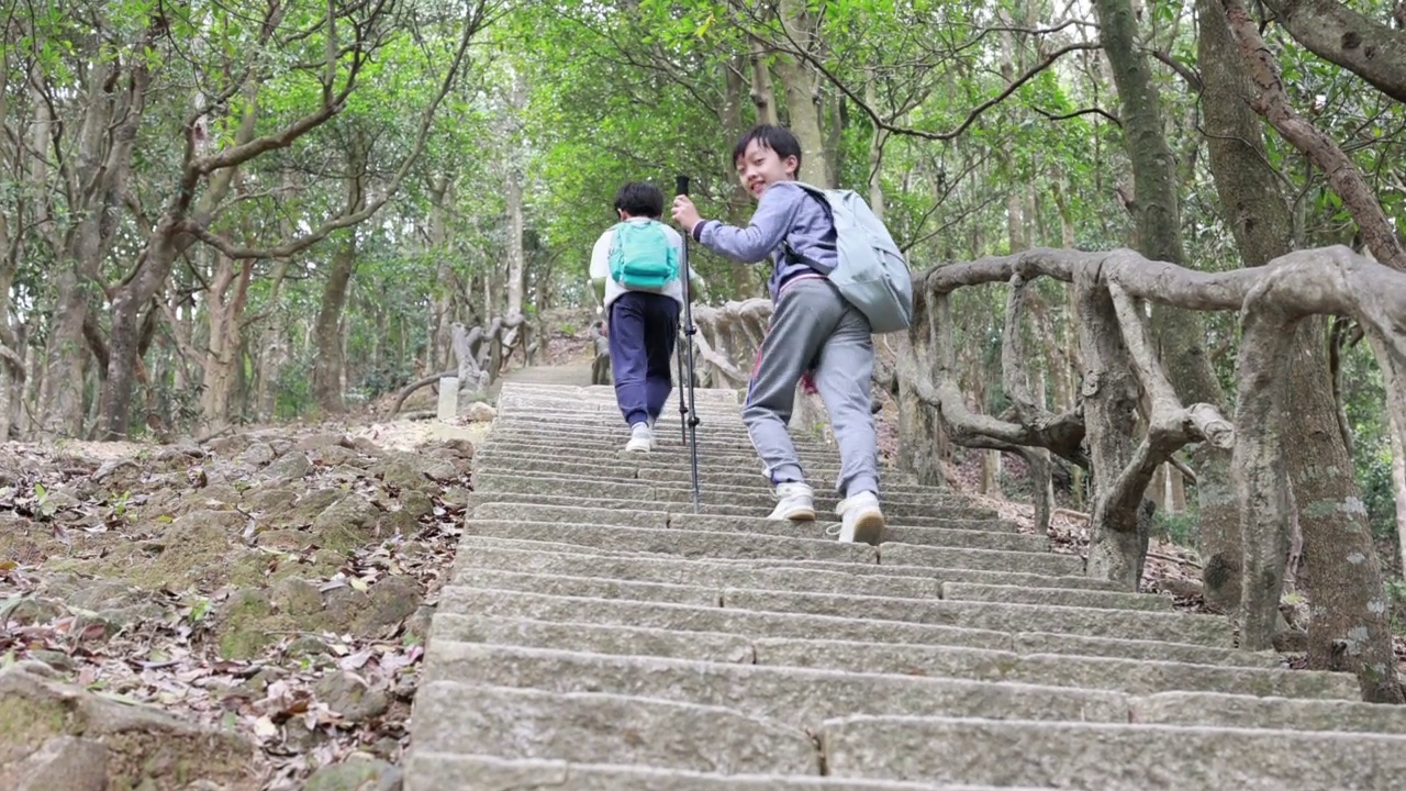 在山上徒步旅行的亚洲儿童视频素材