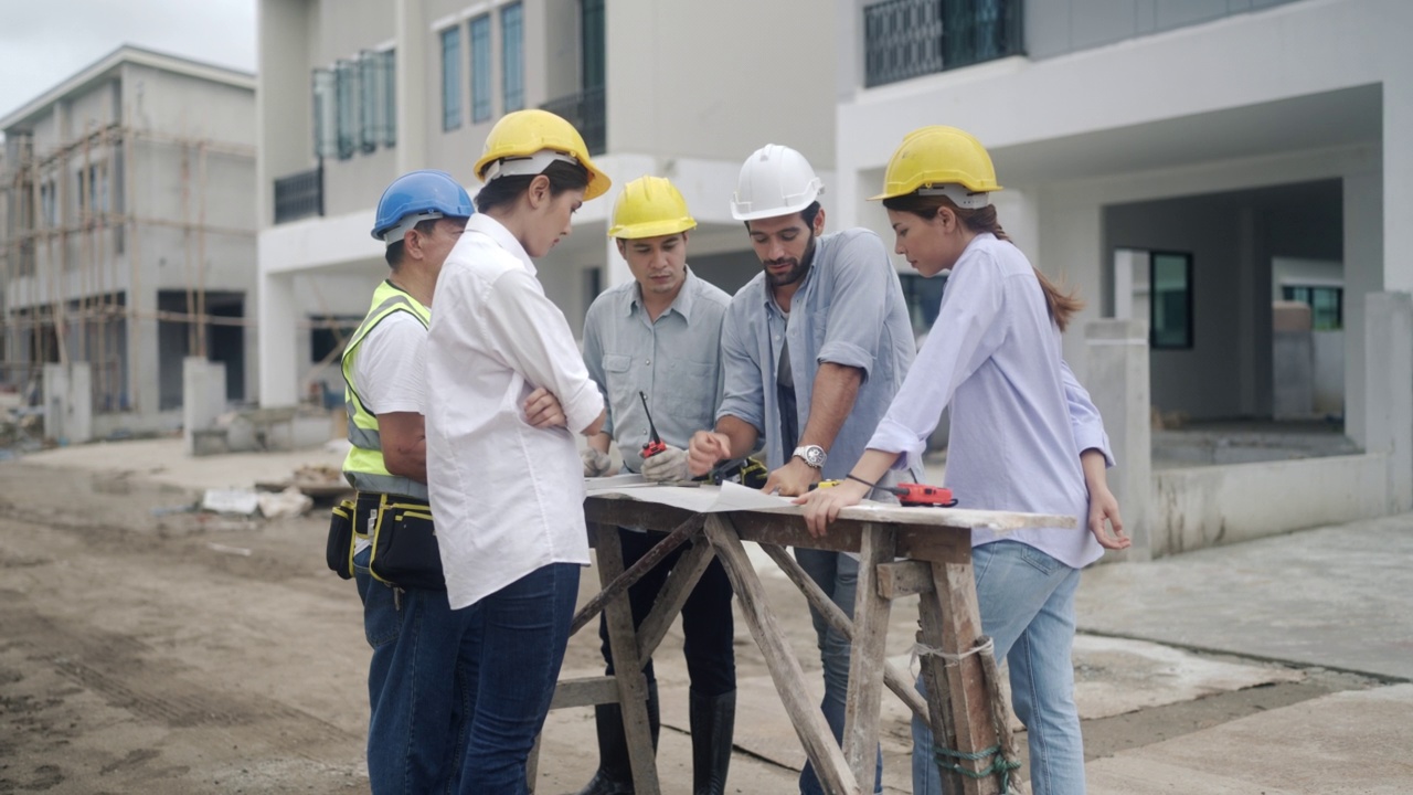 建筑工人队伍检查大楼的建设。视频素材