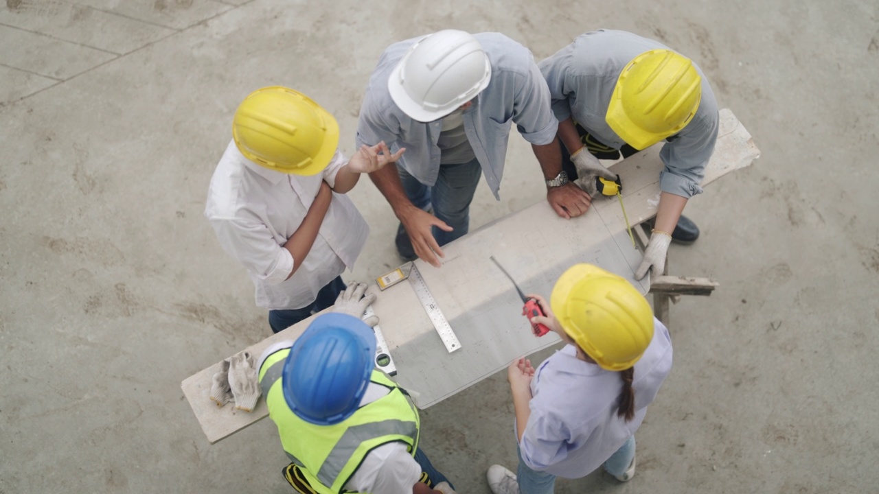 建筑工人队伍检查大楼的建设。视频素材