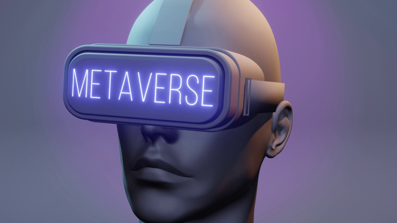 3D渲染Metaverse角色使用虚拟现实眼镜。在VR眼镜上可见元宇宙文本视频素材