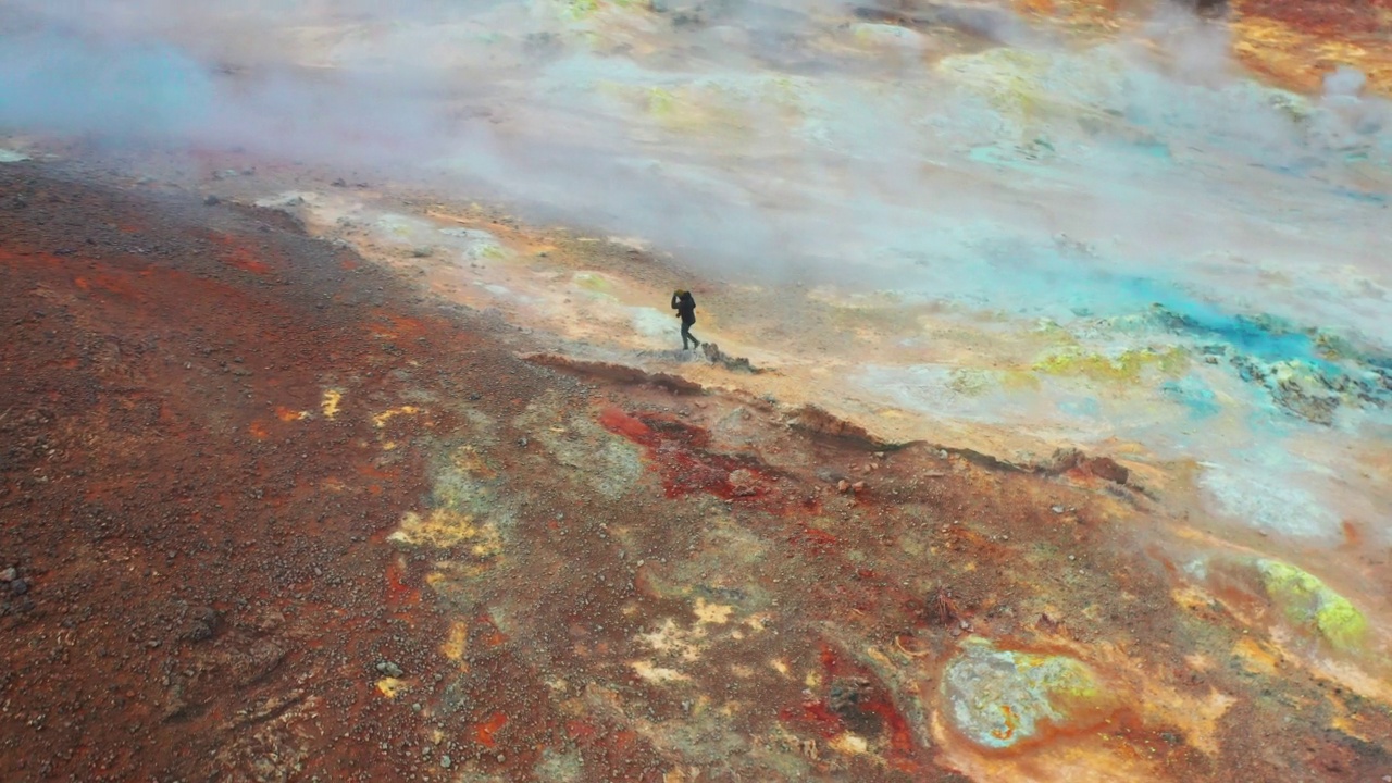 迈瓦特湖附近的Hverir地热区，人类在火星岩层上行走。视频素材