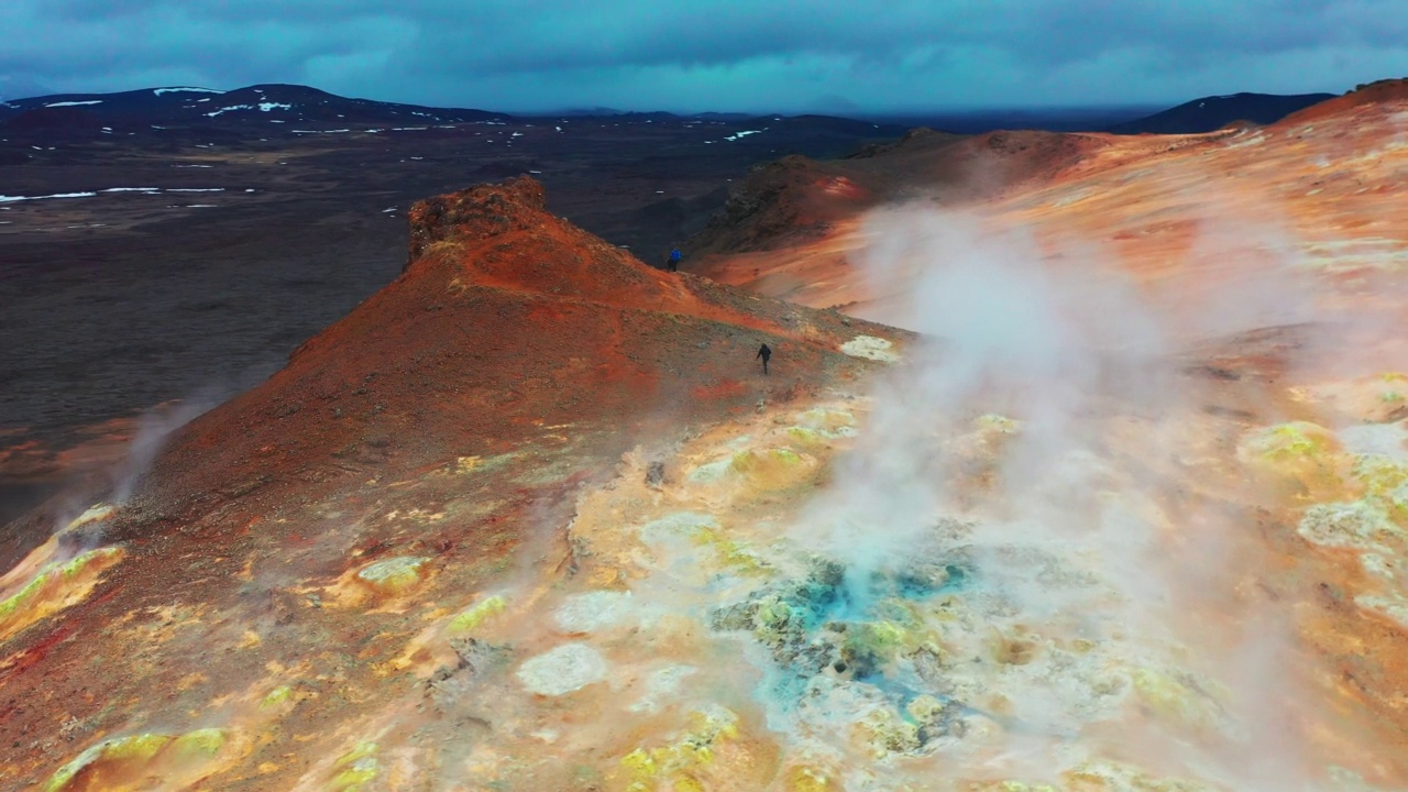 迈瓦特湖附近的Hverir地热区，人类在火星岩层上行走视频素材