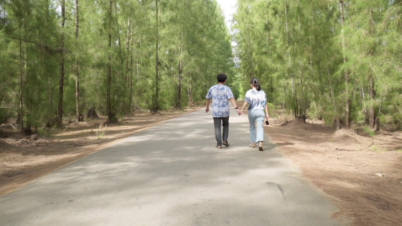 在松林度蜜月时，情侣们一起散步观光，牵手聊天，放松心情。旅行的生活方式的概念。视频素材