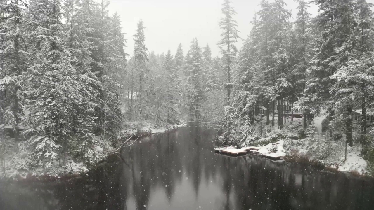 冬天飘在湖面上，飘着雪花视频素材