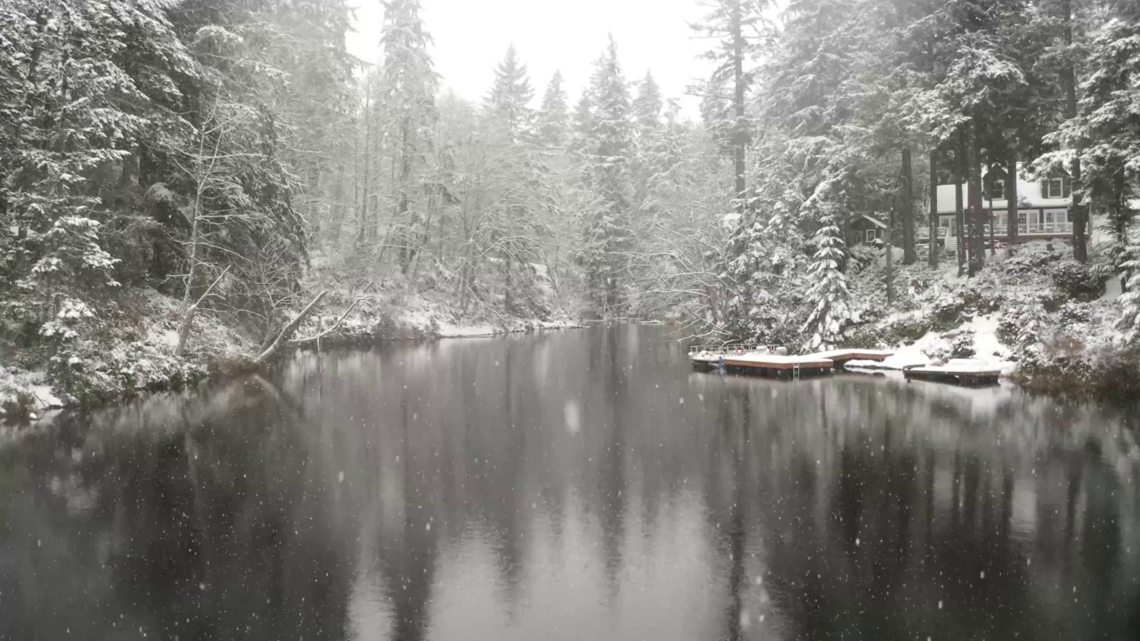 冬天飘在湖面上，飘着雪花视频下载