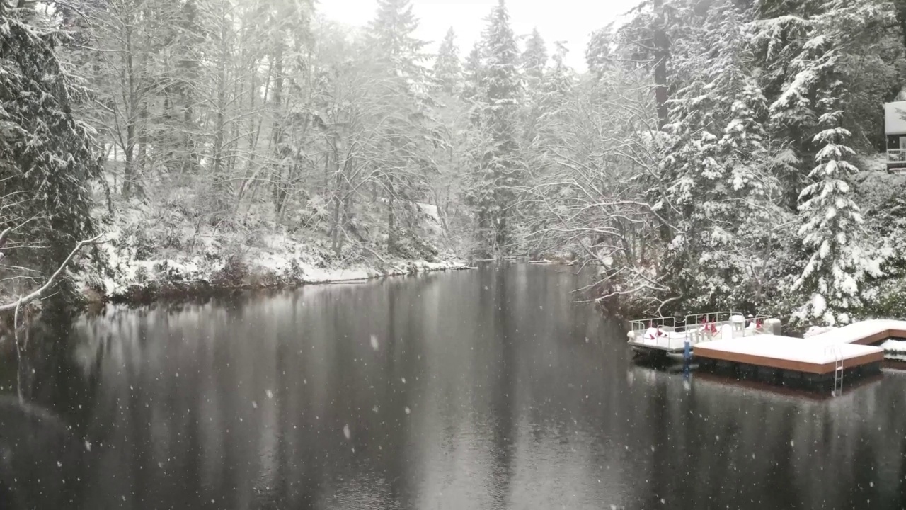 冬天飘在湖面上，飘着雪花视频素材