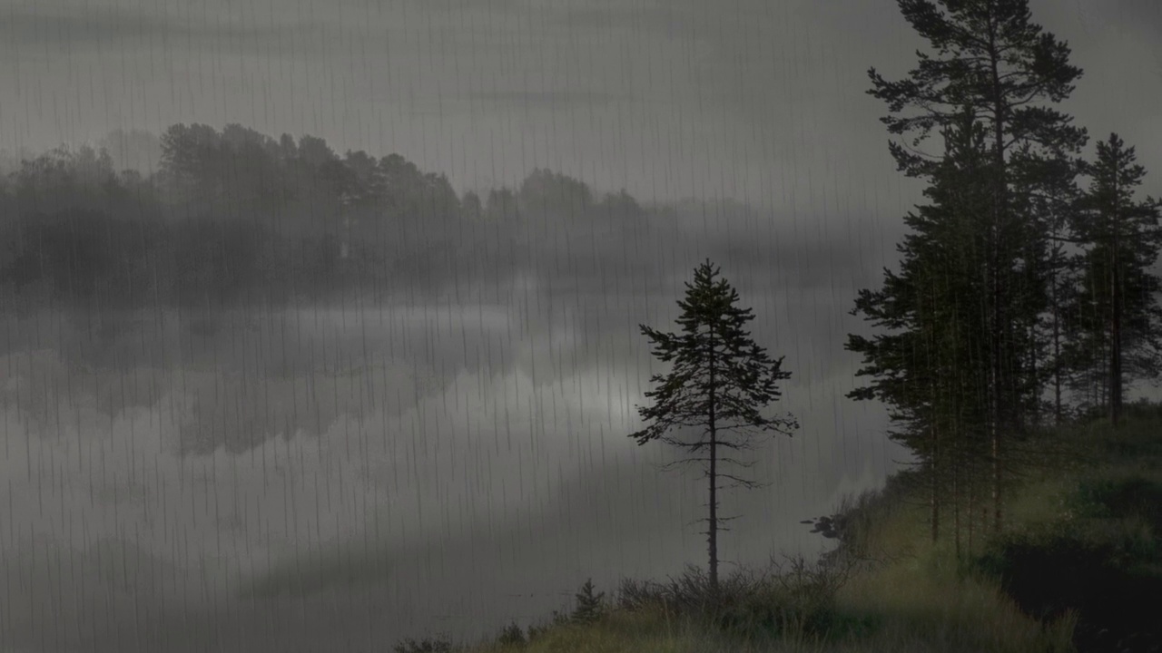 大雨中有树木和湖泊的景观视频素材