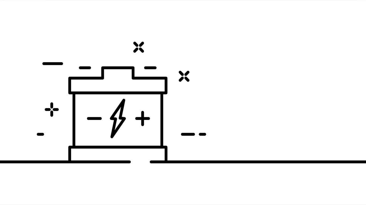 蓄电池与闪电。电池，能量，正负极。电的概念。一条线绘制动画。运动设计。动画技术的标志。视频4 k视频素材