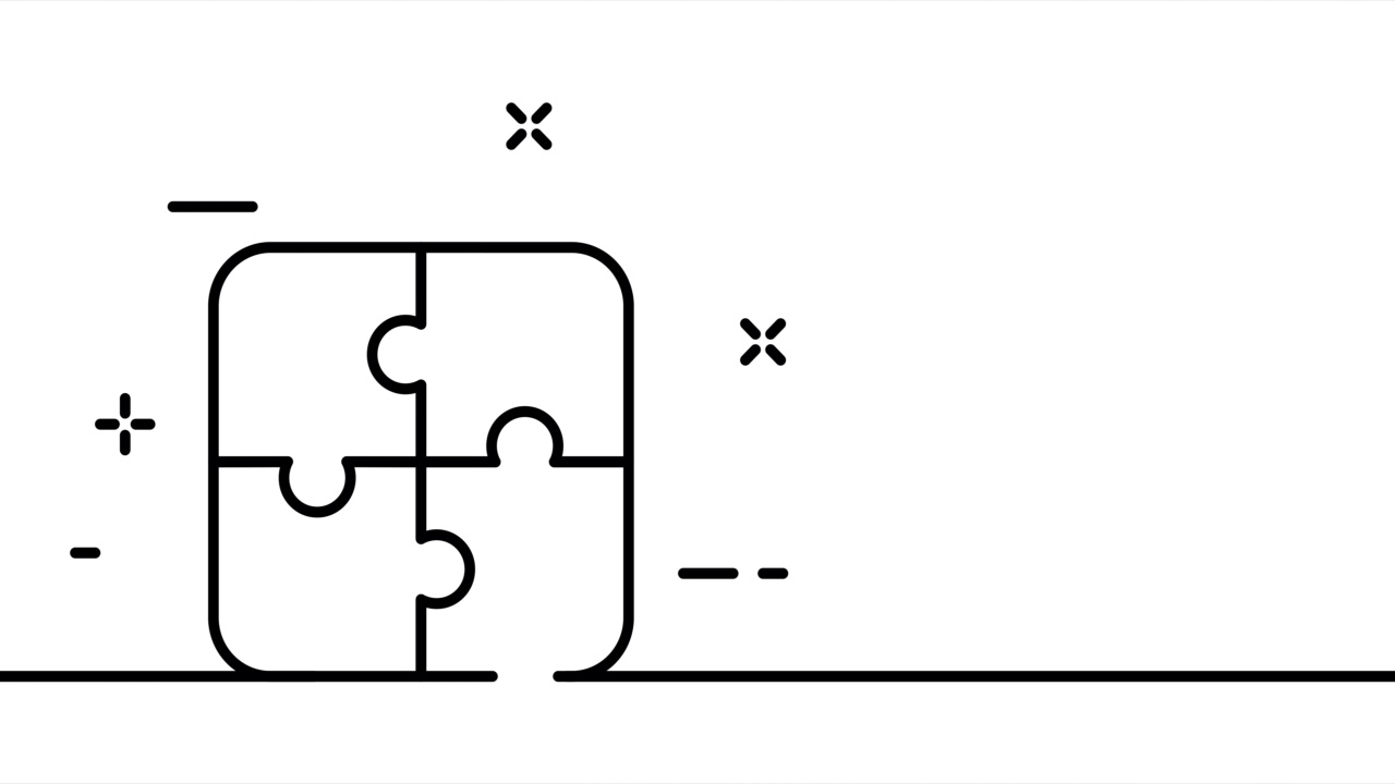 连续线艺术绘画拼图。单线画，实线。动画的一个线谜题，团队合作和成就。视频4 k视频素材