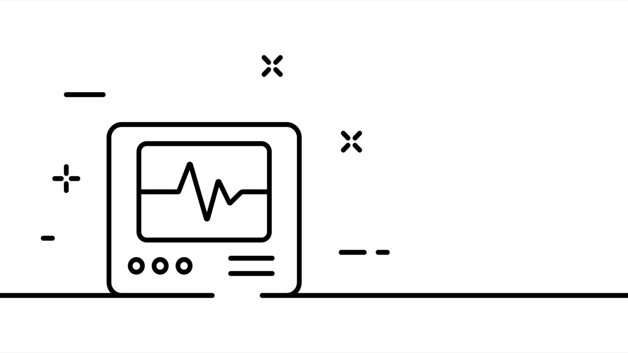 心电图。心电图、心电图、医疗器械、心跳、心脏、脉搏。医疗保健的概念。一条线绘制动画。运动设计。动画技术的标志。视频4 k视频素材