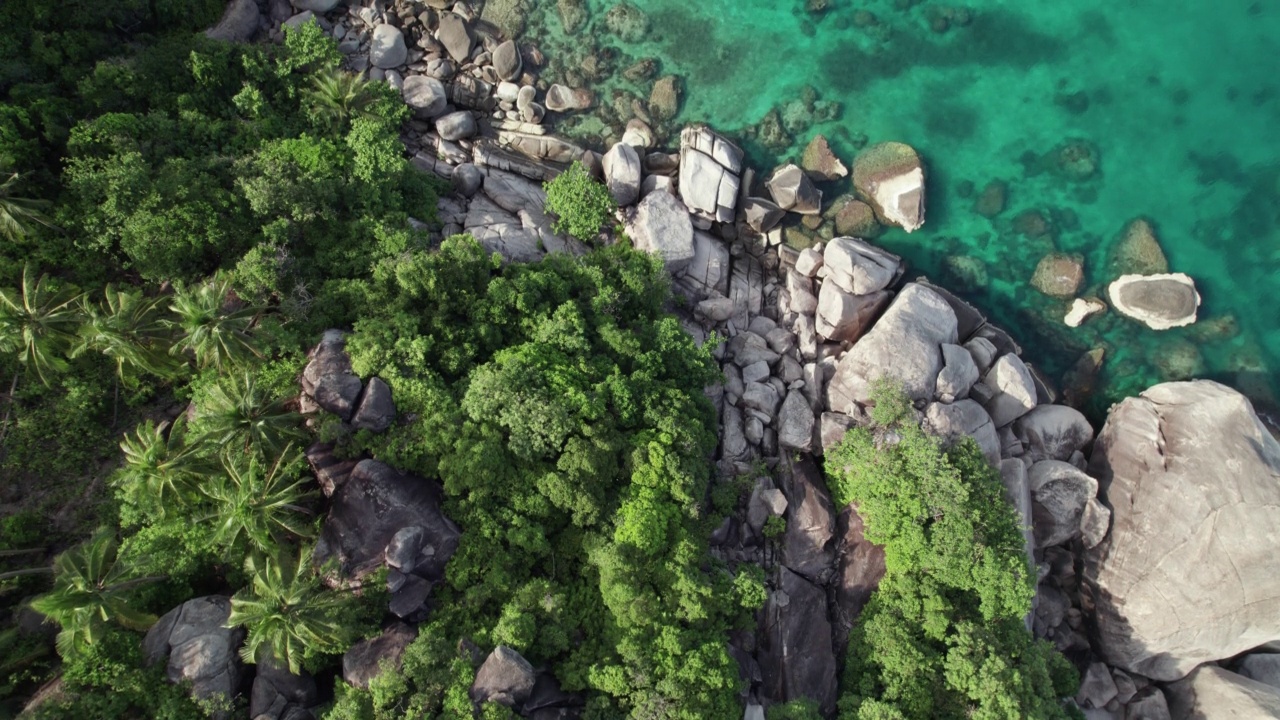 鸟瞰图:夏天的热带海滩天堂，岩石海岸线，椰子树和蓝绿色的海水。海中有一艘船供潜水员探索海底的珊瑚视频素材