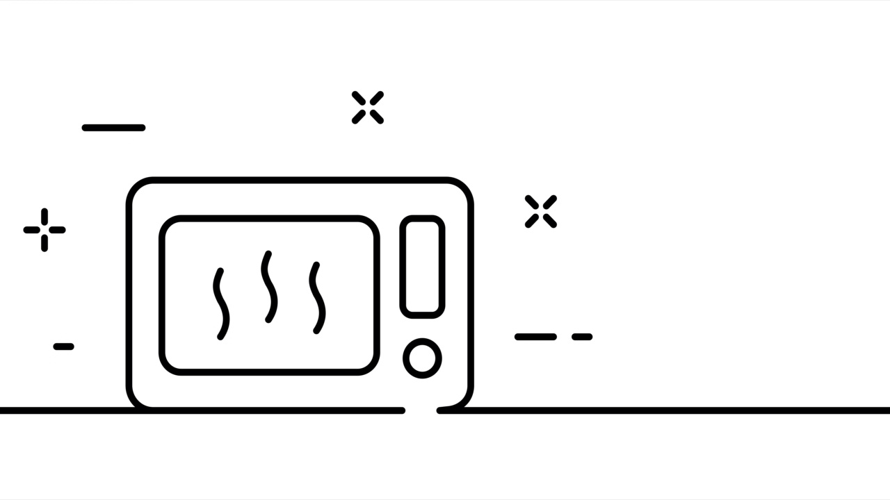 单线画法，实线技法。用微波炉加热、烹饪食物的动画。家电标志动画。视频4 k视频素材
