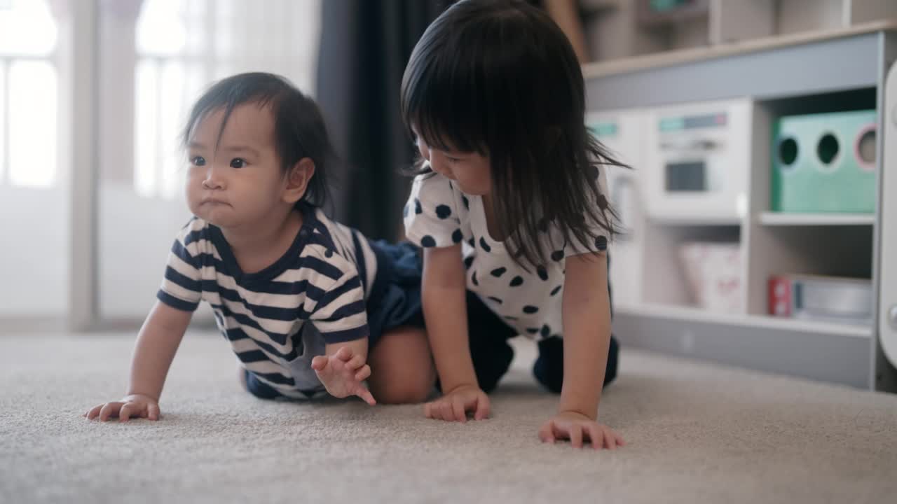 妹妹教小女婴在地板上爬视频素材