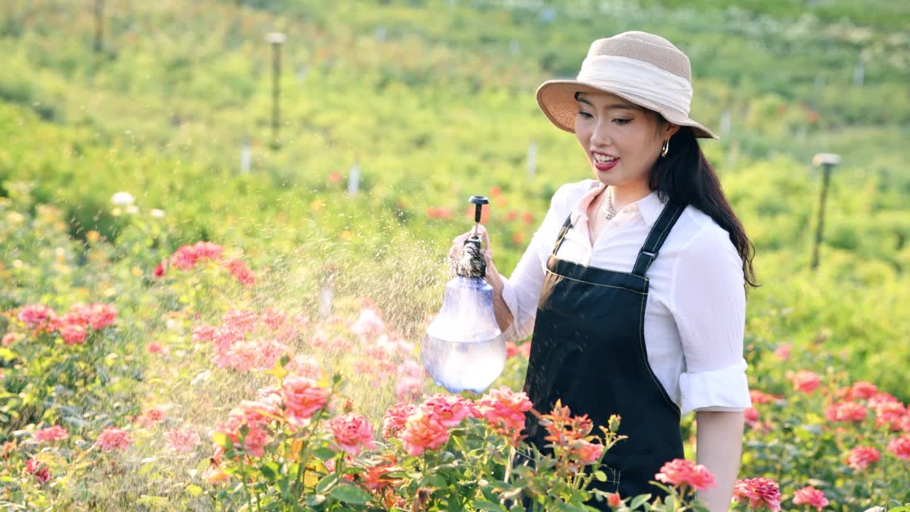 在花园里浇花的女人视频素材