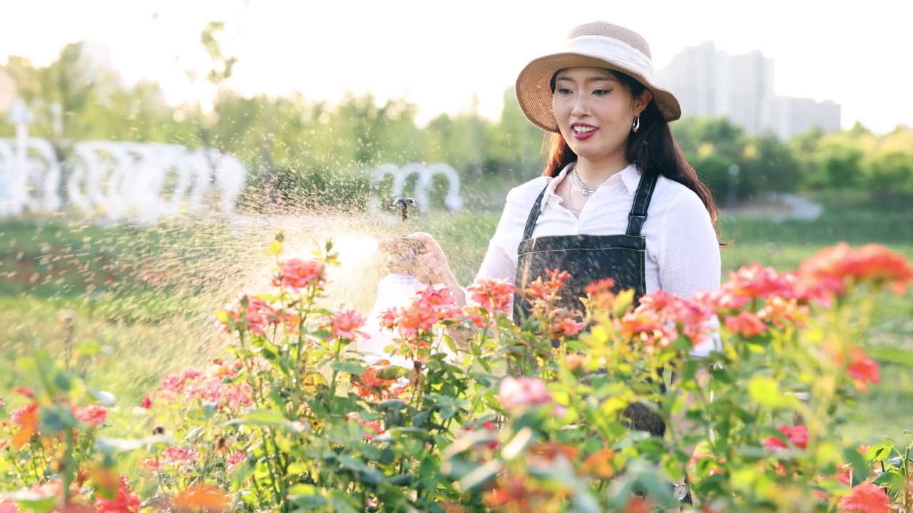 在花园里浇花的女人视频素材