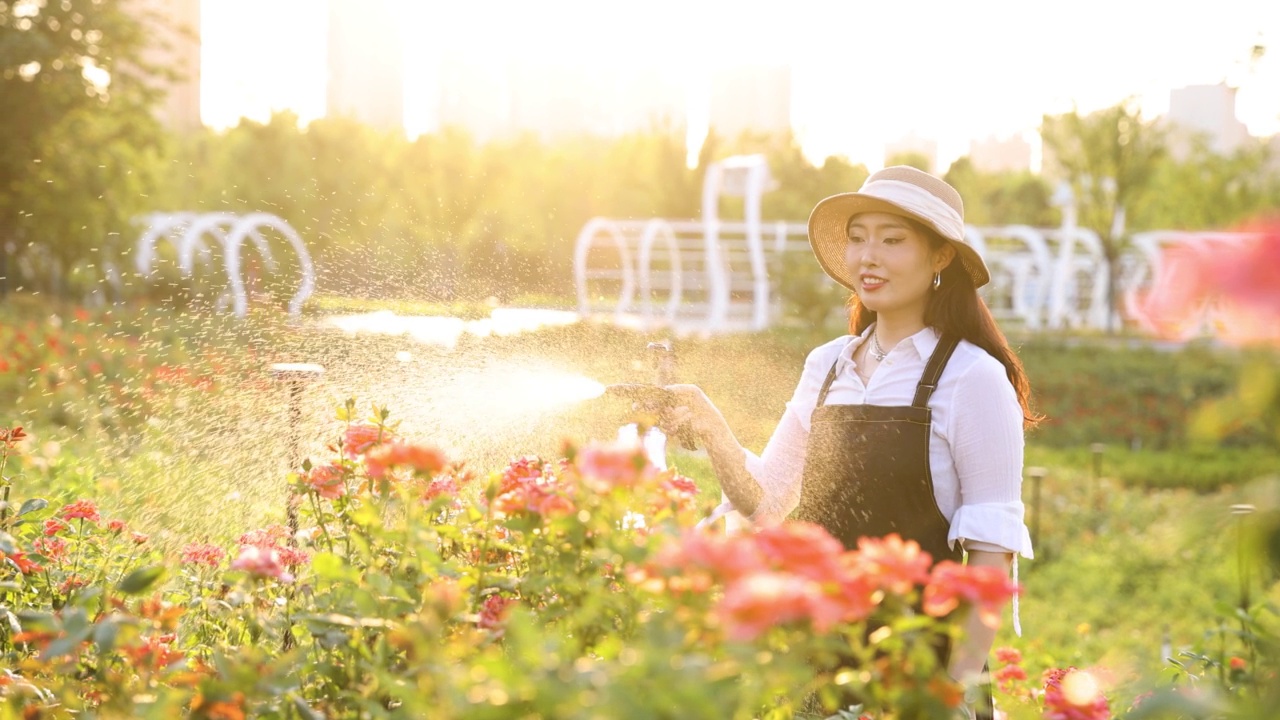 在花园里浇花的女人视频素材