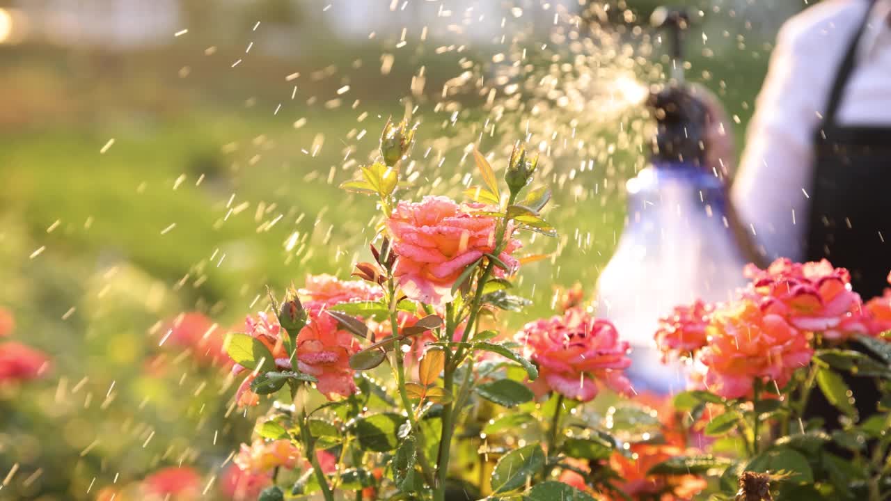 用洒水器浇灌花园花卉视频素材