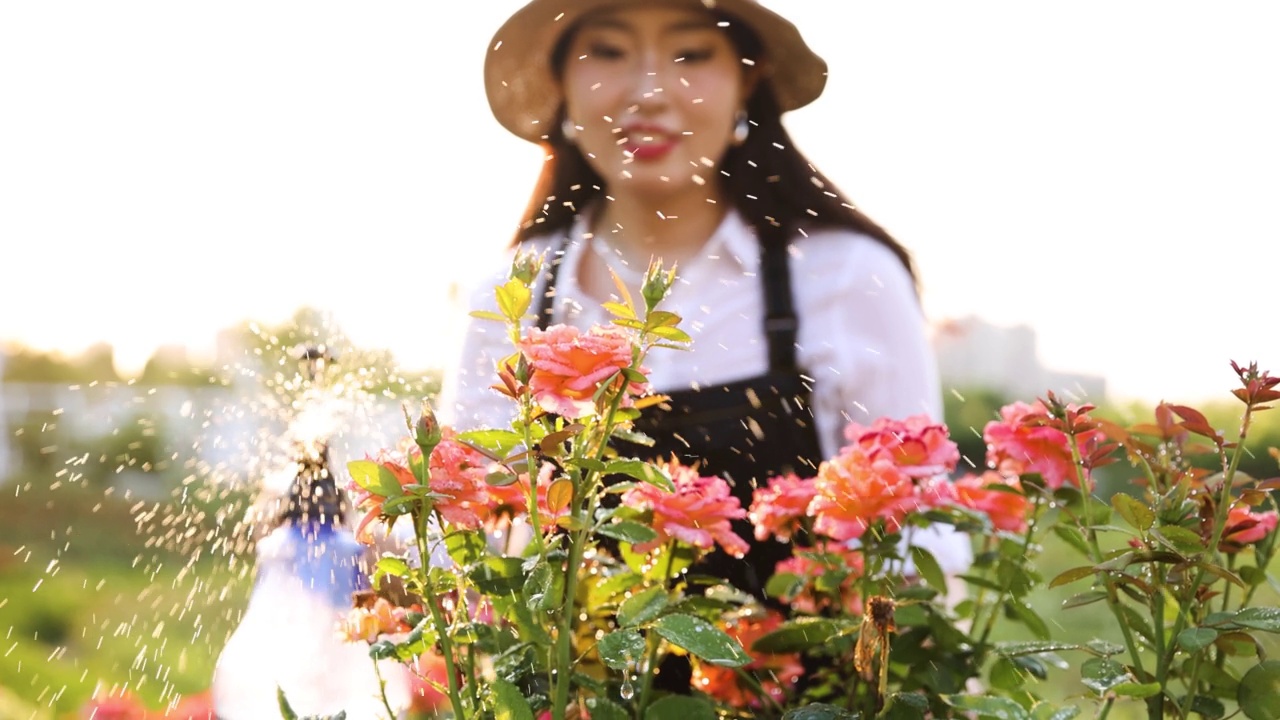 用洒水器浇灌花园花卉视频素材