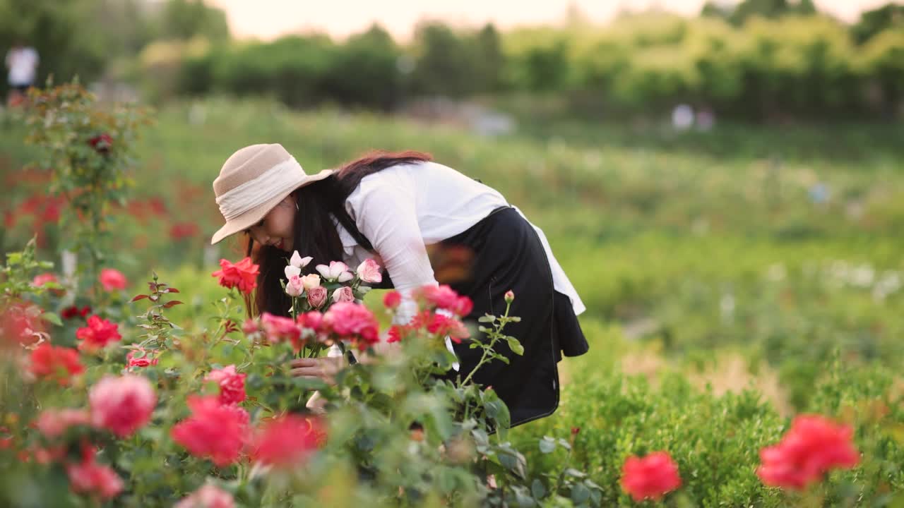 在花园里修剪玫瑰的女人视频素材